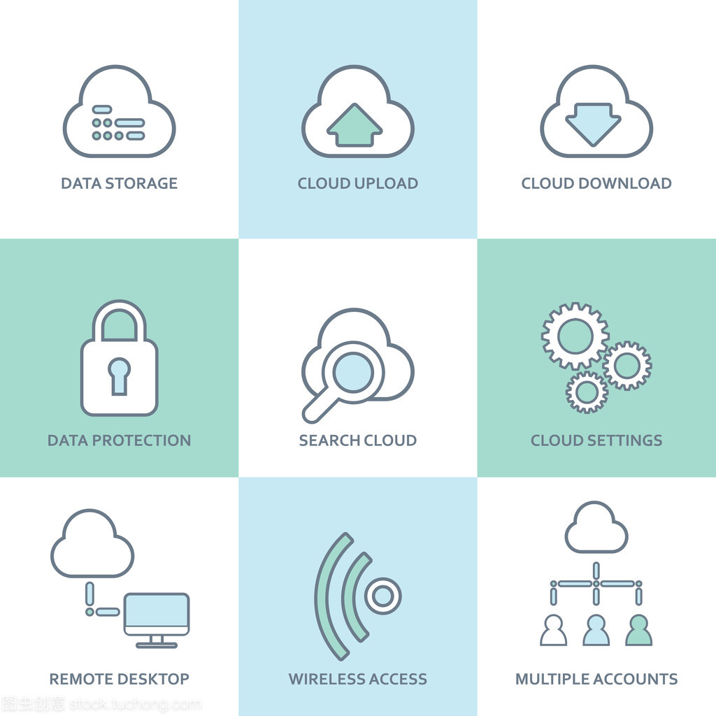 云计算线图标集 数字时代的平面设计元素